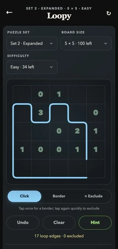 An in-progress 5 by 5 Loopy board with most of its loop drawn