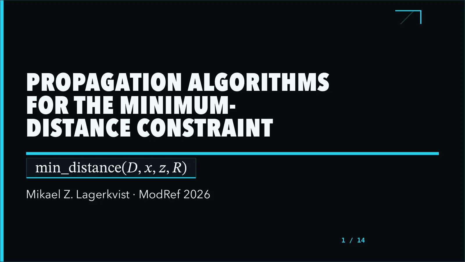 Title slide for Propagation Algorithms for the Minimum-Distance Constraint