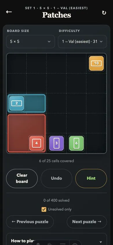 An in-progress 5 by 5 Patches board with two rectangles placed