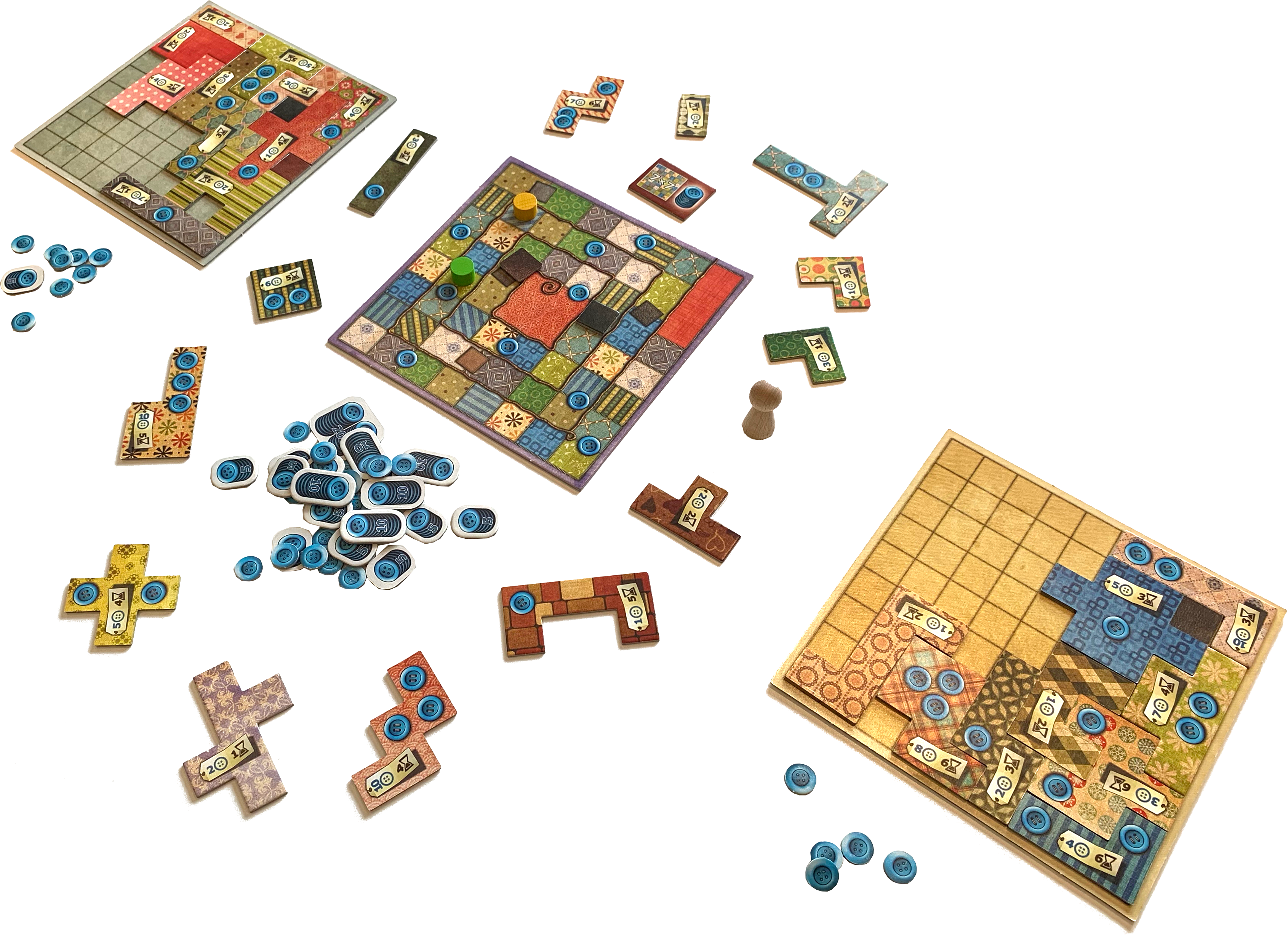 Patchwork in the middle of a game, with both players' boards beside the central time board