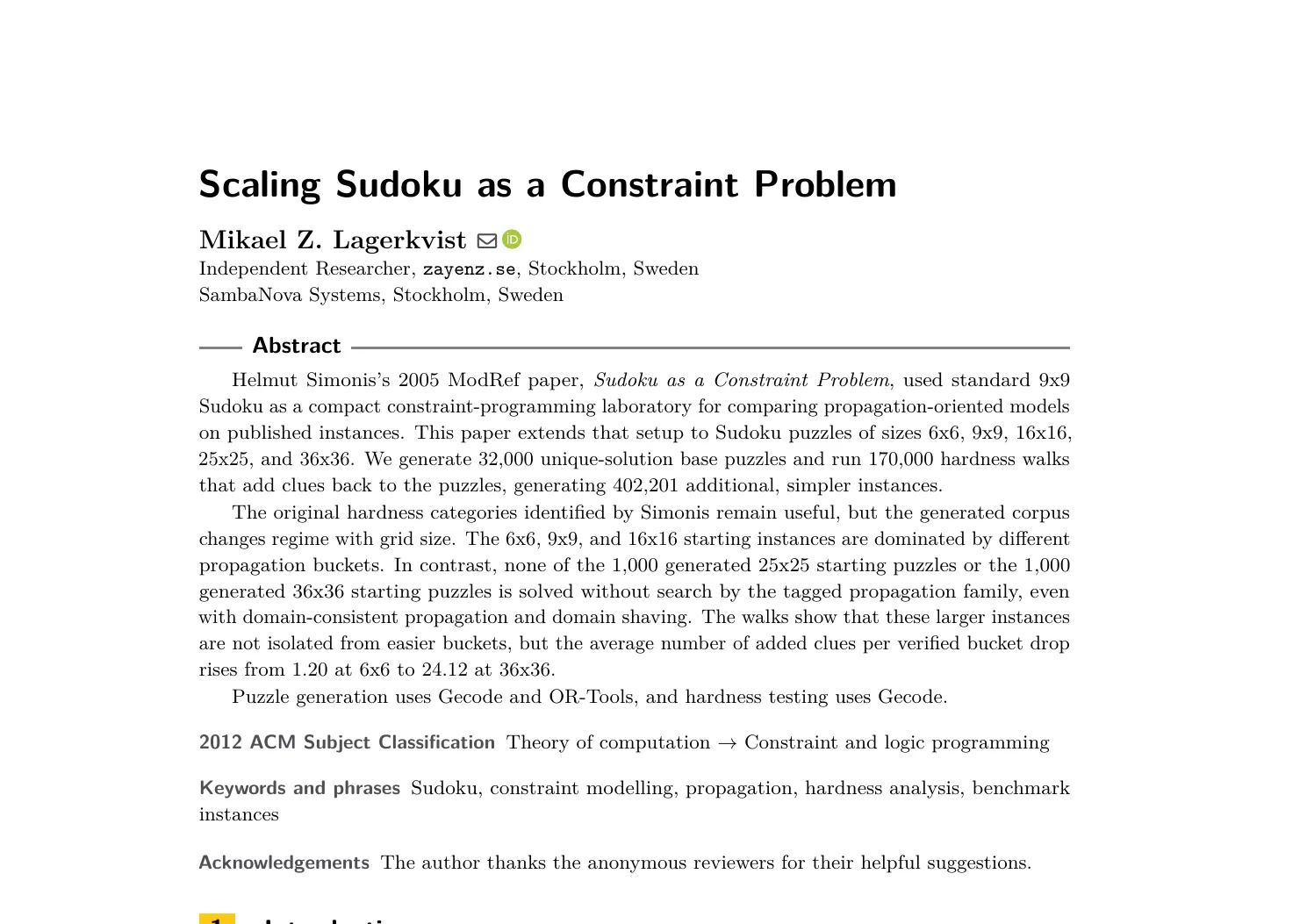 Upper half of the first page of the Scaling Sudoku paper