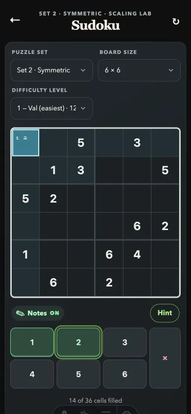 An in-progress 6 by 6 Sudoku board with pencil marks in the selected top-left cell