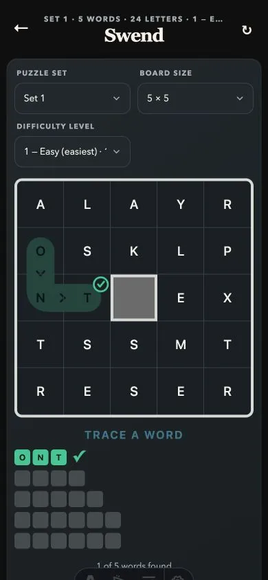 An in-progress 5 by 5 Swend board with ONT traced through the letter grid