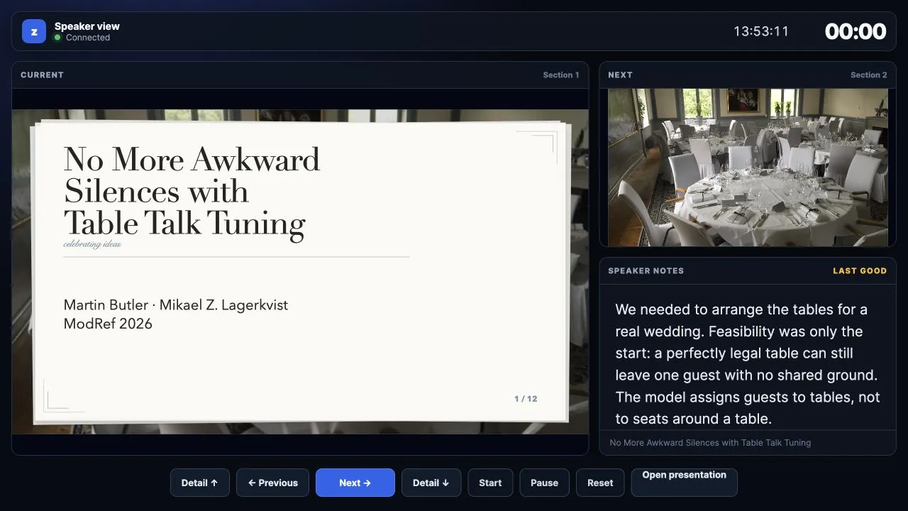The zpres speaker view showing the current slide, next slide, speaker notes, and presentation controls
