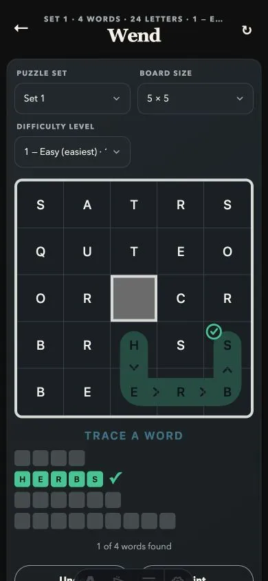An in-progress 5 by 5 Wend board with HERBS traced through the letter grid